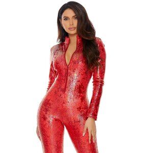 Reptile Print Women Red Bodysuit Cosplay Disco Party Brand New